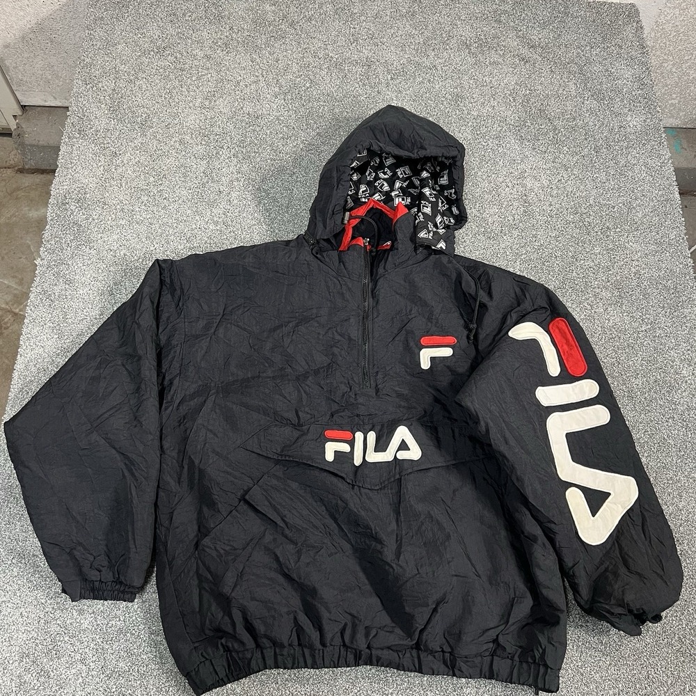 Vintage 90s FILA Windbreaker Jacket Mens XXL Black Big Logo Pullover Quarter Zip